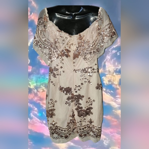 Sexy! Sequined Gold & Cream Midi Dress Sz L Fully Lined Party Wedding Summer Fun - Picture 3 of 4